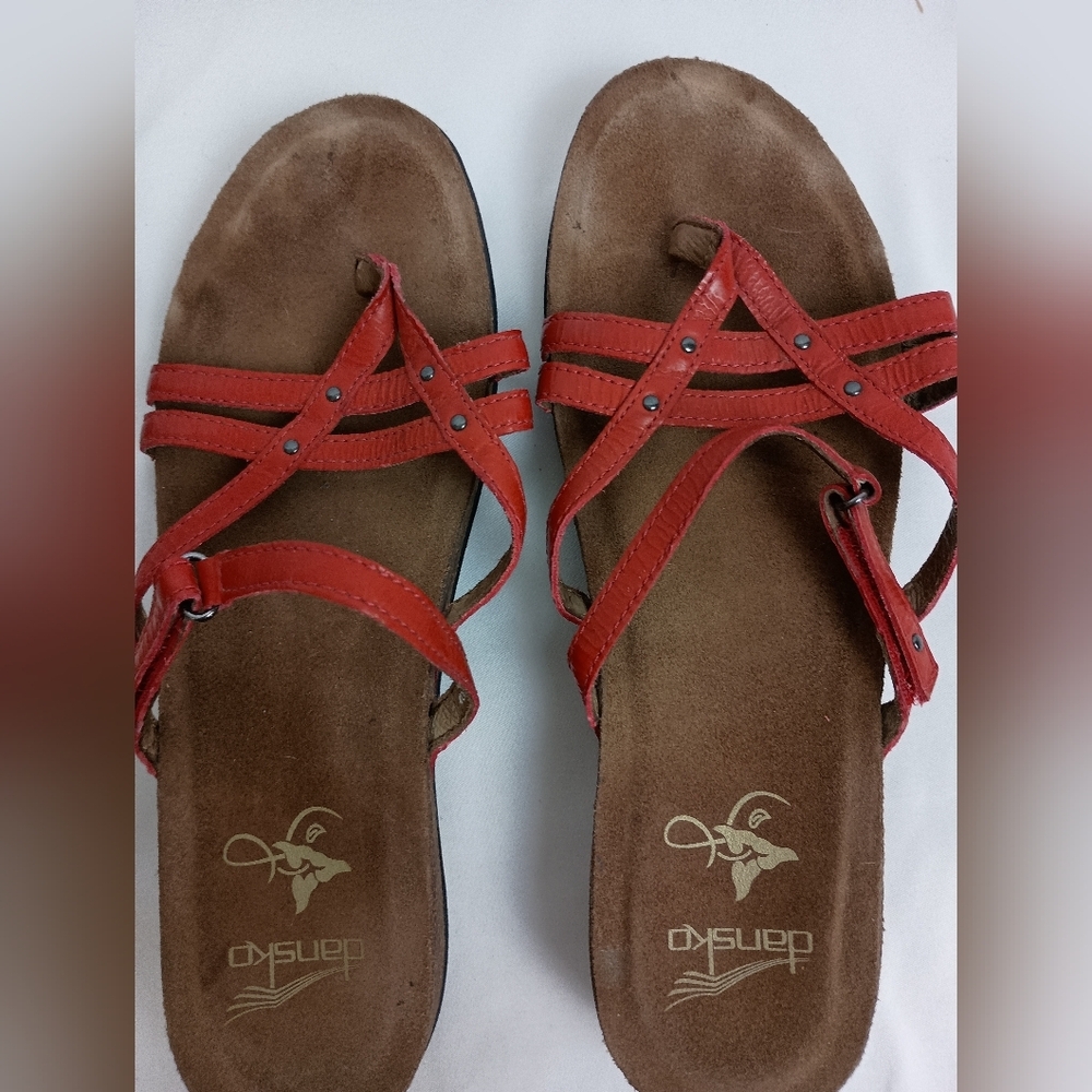 DANSKO Barbiecore Red and Brown Strappy Summer Spring Casual Sandals (#1,004)